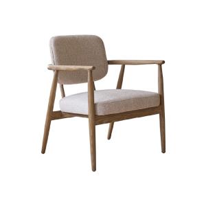 Fauteuil bois chêne et tissu texturé beige chiné