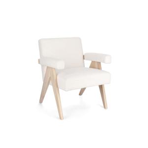 Fauteuil bouclette à accoudoirs et bois