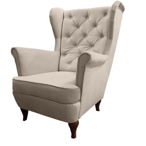 Fauteuil Chesterfield beige avec pieds en bois