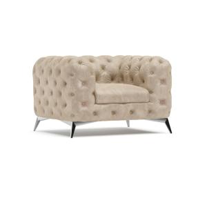 Fauteuil Chesterfield en velours beige avec pieds argentés