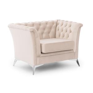 Fauteuil Chesterfield en velours beige avec pieds chromés