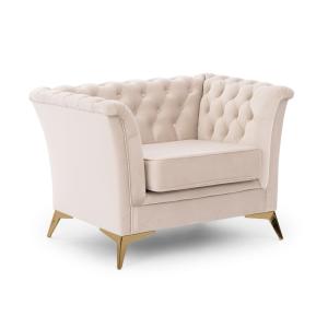 Fauteuil Chesterfield en velours beige avec pieds dorés