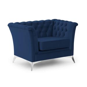 Fauteuil Chesterfield en velours bleu avec pieds chromés
