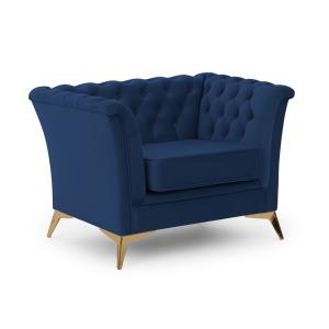 Fauteuil Chesterfield en velours bleu avec pieds dorés