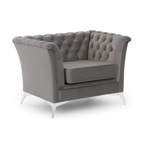 Fauteuil Chesterfield en velours gris avec pieds chromés