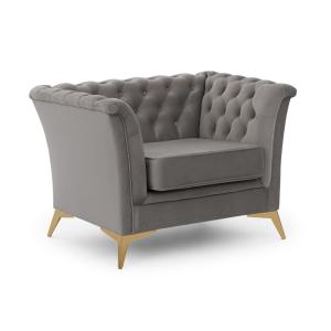 Fauteuil Chesterfield en velours gris avec pieds dorés