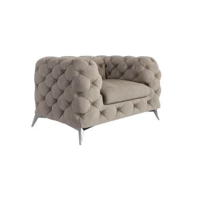 Fauteuil Chesterfield en velours, pieds métal argenté, crèm…