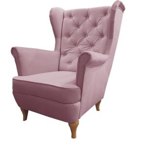 Fauteuil Chesterfield rose avec pieds en bois