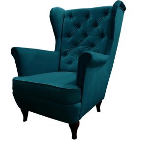Fauteuil Chesterfield turquoise avec pieds en bois