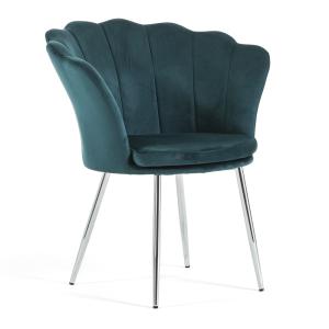 Fauteuil coquillage velours bleu canard pieds argent
