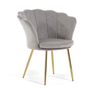 Fauteuil coquillage velours gris clair pieds or