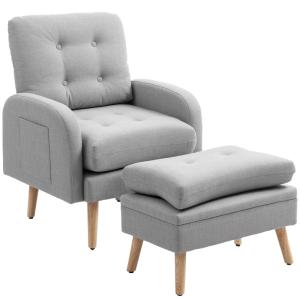 Fauteuil de relaxation avec repose-pied en tissu lin gris c…