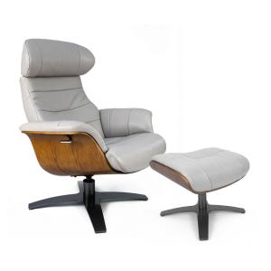 Fauteuil de relaxation et repose pieds en cuir gris  et chê…