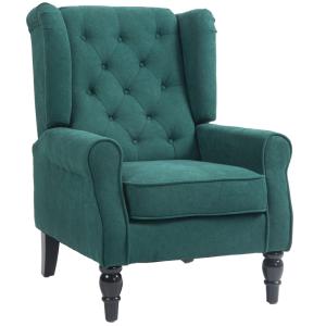 Fauteuil de salon capitonné assise large pieds en bois vert