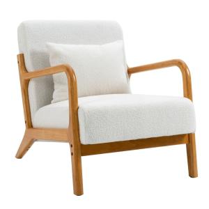 Fauteuil de salon en bois massif et bouclette blanche
