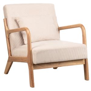 Fauteuil de salon en bois massif et velours côtelé beige