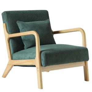 Fauteuil de salon en bois massif et velours côtelé vert