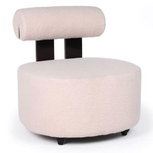 Fauteuil design bois foncé et tissu bouclette beige