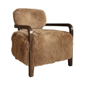 Fauteuil effet fourrure marron et structure en bois