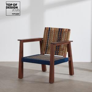 Fauteuil en bois d'acacia foncé et corde beige, bleu et ora…