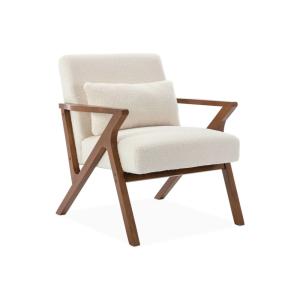 Fauteuil en bois d'hévéa, noyer clair et bouclette crème