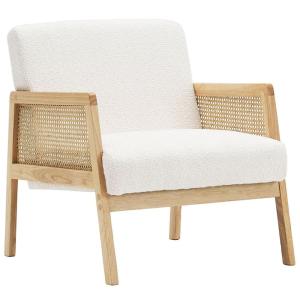Fauteuil en cannage et tissu bouclé beige