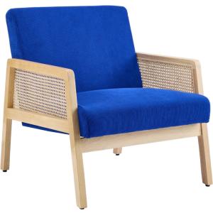 Fauteuil en cannage et velours côtelé bleu électrique