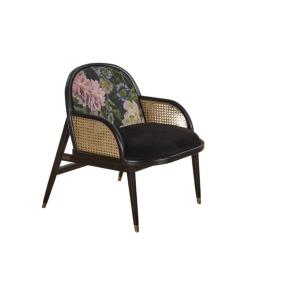 Fauteuil en chêne, cannage velours et lin à motifs