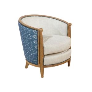 Fauteuil en chêne et tissus bleu denim