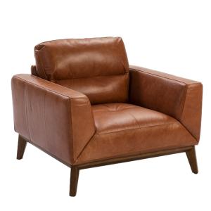 Fauteuil en cuir brun et pieds en bois