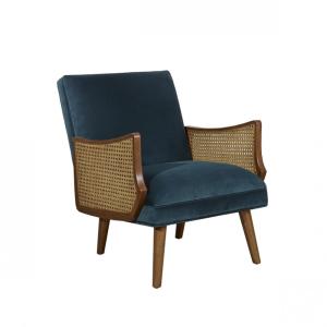 Fauteuil en hévéa, cannage et velours bleu paon