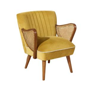 Fauteuil en hévéa, cannage et velours jaune moutarde
