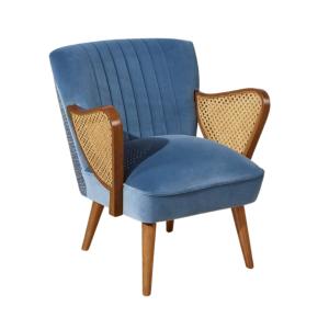 Fauteuil en hévéa, cannage, tissus tweed et velours bleu de…