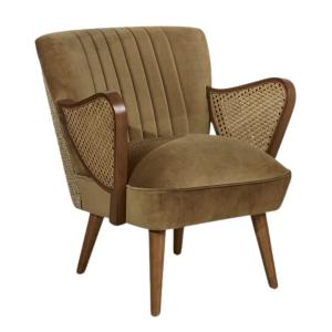 Fauteuil en hévéa, cannage, tissus tweed et velours camel