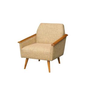 Fauteuil en hévéa et tissu tweed jaune moutarde