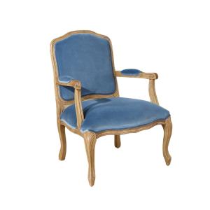 Fauteuil en hévéa et velours bleu louis