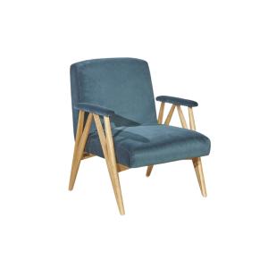 Fauteuil en hévéa et velours bleu paon