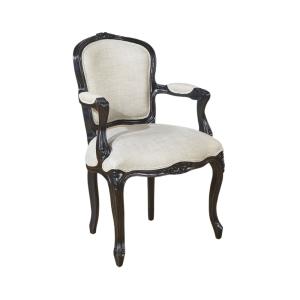 Fauteuil en hévéa teinté noir et lin premium beige