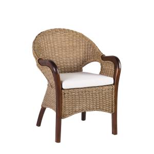 Fauteuil en rotin et bois marron avec coussin