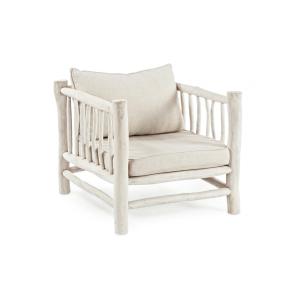 Fauteuil en teck et coussins en tissu blanc