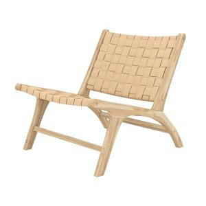 Fauteuil en teck et cuir tressé beige
