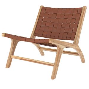 Fauteuil en teck et cuir tressé marron