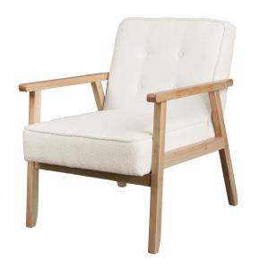 Fauteuil en tissu Curly Ecru et bois naturel