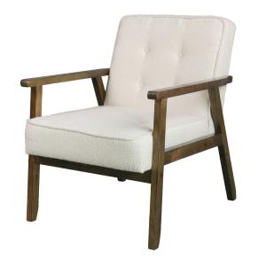 Fauteuil en tissu Curly Ecru et bois teinté noyer
