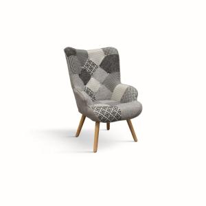 Fauteuil en tissu patchwork gris avec pieds en bois