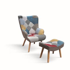 Fauteuil en tissu patchwork multicolore, pieds en bois, ave…
