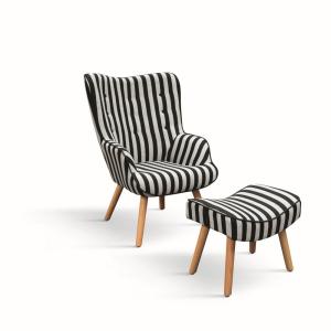 Fauteuil en tissu rayé noir et blanc, pieds en bois, avec p…