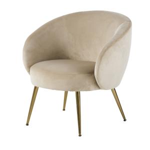 Fauteuil en velours beige et pieds en métal doré