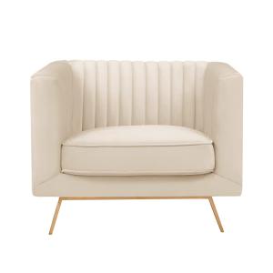 Fauteuil en velours beige et pieds en métal doré