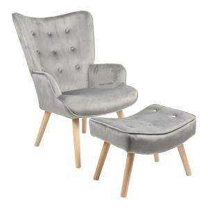 Fauteuil en velours gris avec repose-pieds en bois 75x69x96…